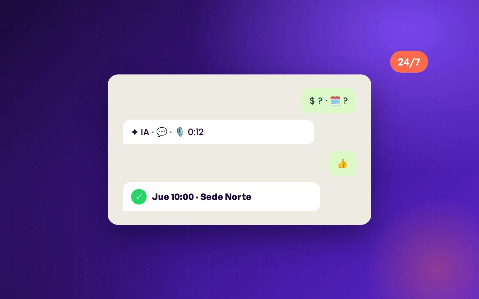 Conversación de WhatsApp en la que un agente de IA responde y deja una reserva confirmada.