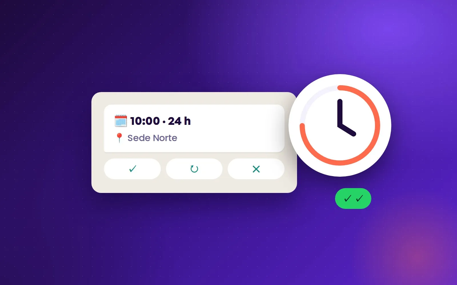 Recordatorio de cita por WhatsApp con botones para confirmar, cambiar o cancelar, junto a un reloj.