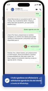 CitaBot gestiona con eficiencia la solicitud de agenda de cita del cliente a través de WhatsApp.